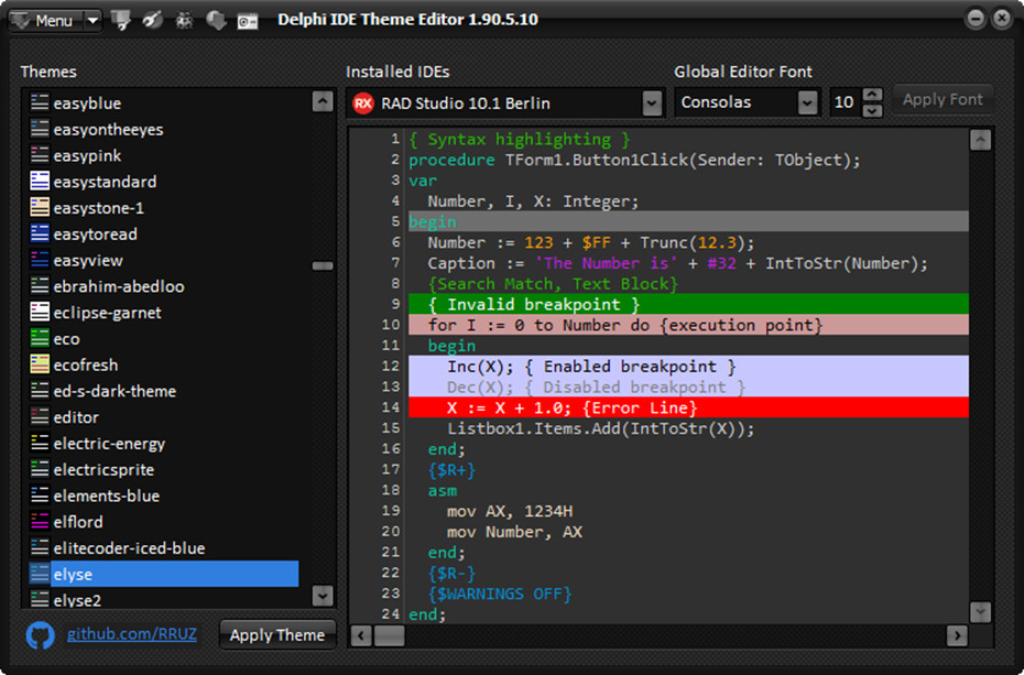 Delphi IDE Theme Editor, Delphi IDE 主题编辑器,支持D7~Rad Studio 10.3 RIO及Lazarus